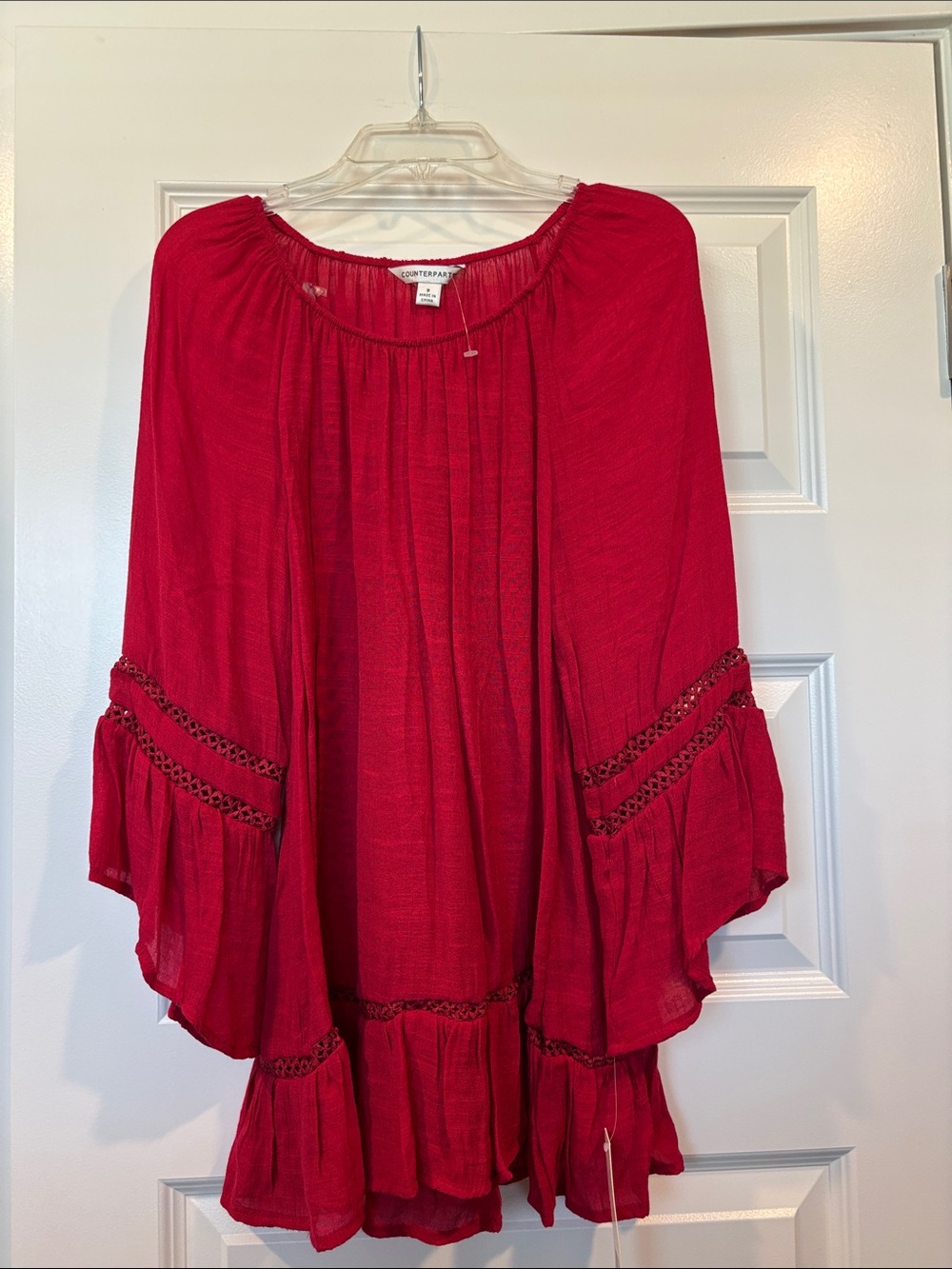 Red Peasant Blouse with Crochet Trim, flare sleeves